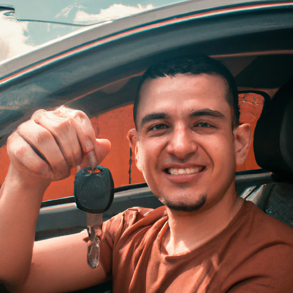 Homem jovem sorrindo com chave de carro